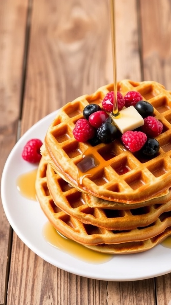 A stack of oat waffles topped with berries and maple syrup on a rustic table.